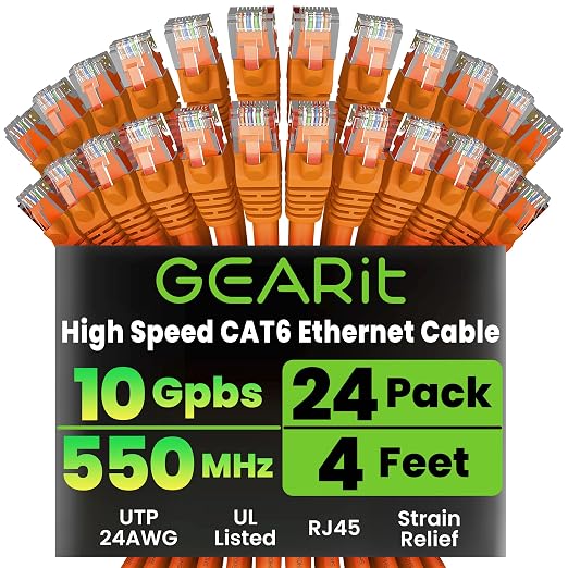 GEARit Cat 6 Ethernet Patch Cables 4 ft Orange, High Speed 24AWG 10Gbps RJ45 by GEARit