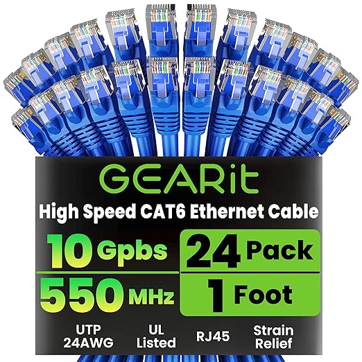 GEARit Cat 6 Patch Cables 1 ft Blue, Cat 6 High Speed 24AWG 10Gbps RJ45 by GEARit