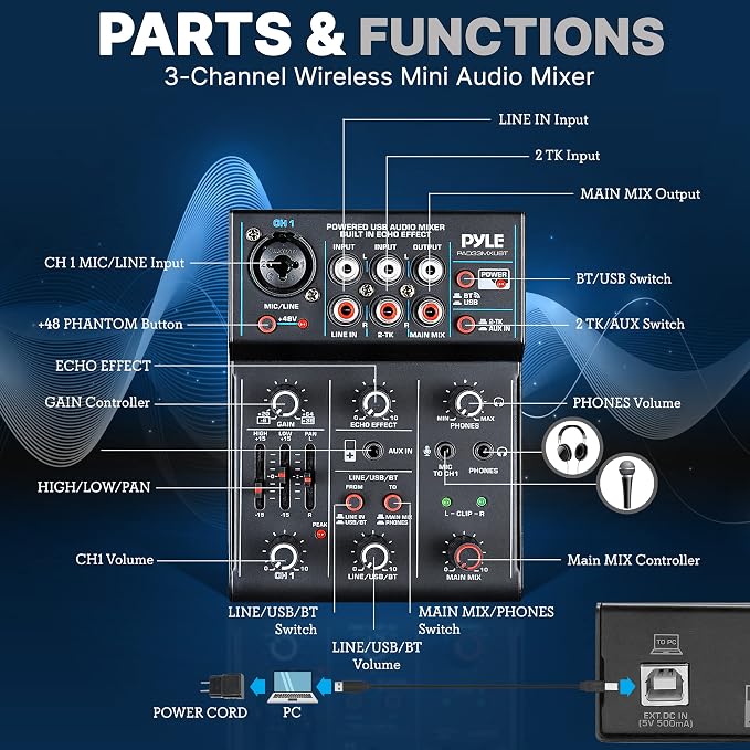 Pyle 3-Channel Professional Wireless DJ Audio Mixer - Image 2
