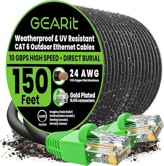 GEARit Cat6 Ethernet Cable 150ft, Outdoor Direct Burial Cat 6 Cable 24AWG High by GEARit