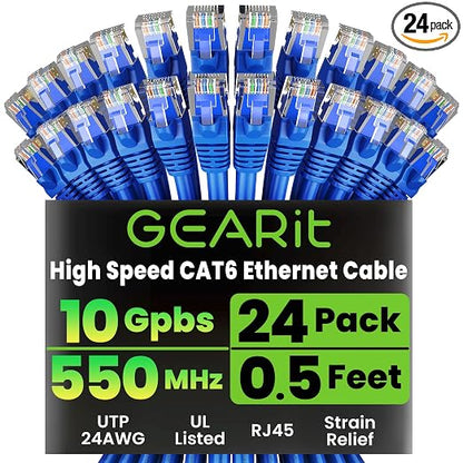 GEARit Cat 6 Ethernet Patch Cable 0.5 ft Blue, High Speed 24AWG 10Gbps RJ45 by GEARit