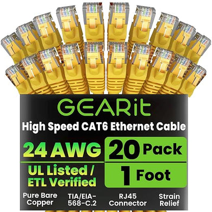 GEARit Cat 6 Ethernet Patch Cable 1 ft Yellow Cat6 Patch Cables 1ft by GEARit