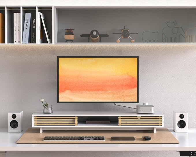 Dual Monitor Stand Riser with Sliding Door, Double Computer Laptop Stand Desk - Image 6