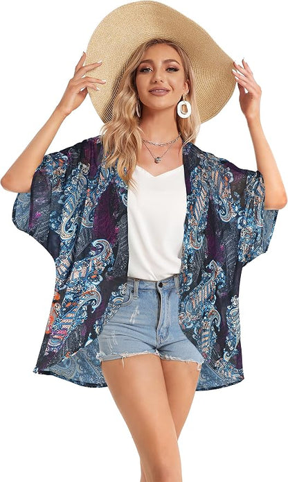 Women's Floral Print Puff Sleeve Kimono Cardigan Loose Cover Up Casual Blouse - Image 7