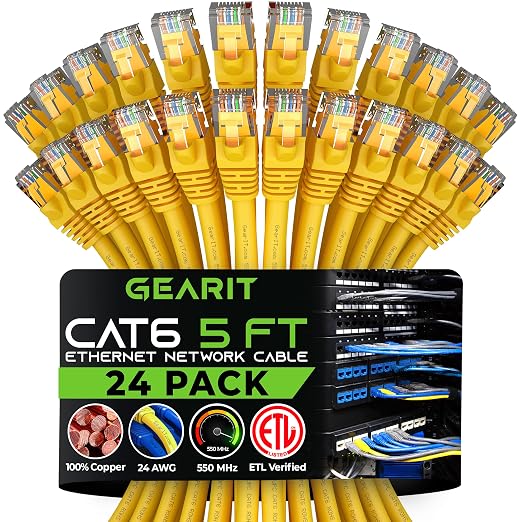 GEARit Cat 6 Ethernet Patch Cables 5 ft Yellow, High Speed 24AWG 10Gbps RJ45 by GEARit