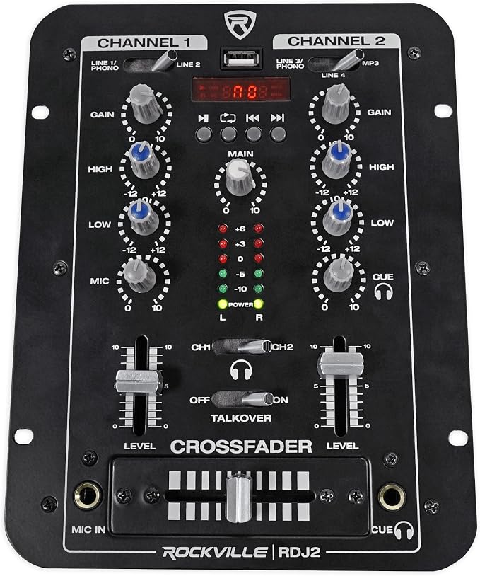 Rockville RDJ2 2-Channel DJ Mixer USB Playback, Cue Monitor, 4 Line Inputs by Rockville