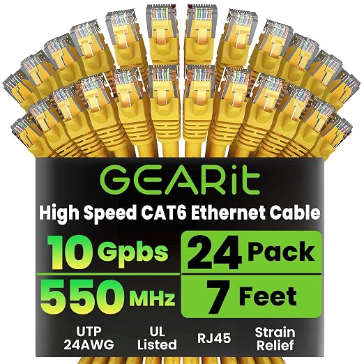 GEARit Cat 6 Ethernet Patch Cables 7 ft Yellow, High Speed 24AWG 10Gbps RJ45 by GEARit