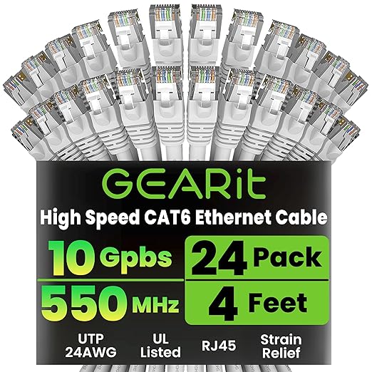 GEARit Cat 6 Ethernet Patch Cables 4 ft White, High Speed 24AWG 10Gbps RJ45 by GEARit