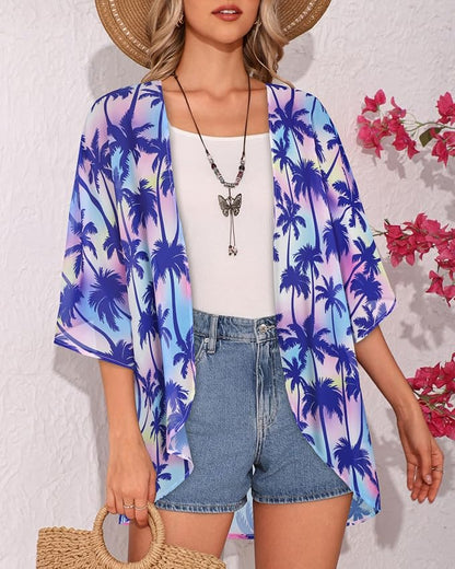Women's Floral Print Puff Sleeve Kimono Cardigan Loose Cover Up Casual Blouse - Image 3