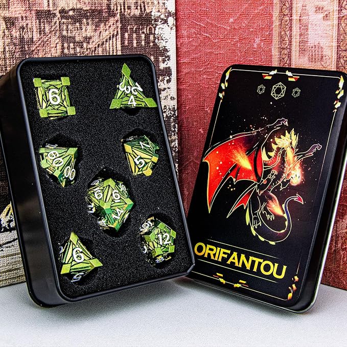 7PCS Metal DND Dice Set with Box, Debris RPG Green Yellow D and D Dice - Image 6
