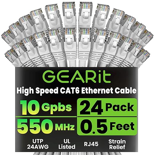 GEARit Cat 6 Ethernet Patch Cables 0.5 ft White, High Speed 24AWG 10Gbps RJ45 by GEARit