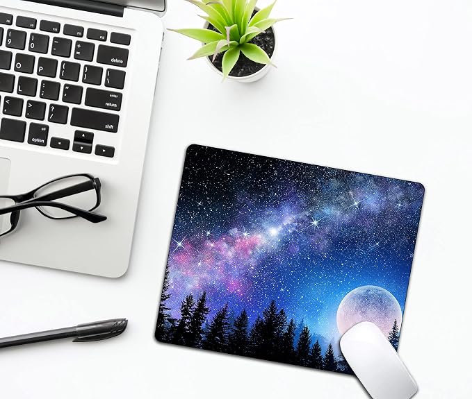 Beautiful Galaxy Nebula Mouse Pad, Full Moon in Night Forest Mouse Pad - Image 5