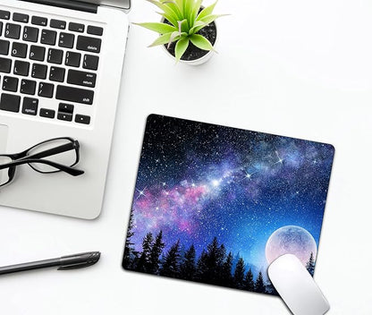 Beautiful Galaxy Nebula Mouse Pad, Full Moon in Night Forest Mouse Pad - Image 5
