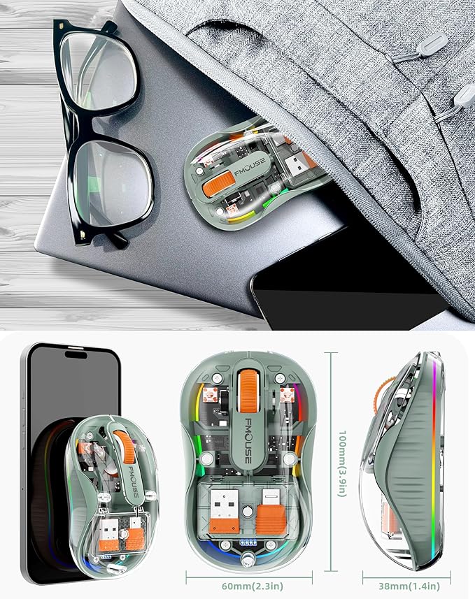 Bluetooth Wireless Mouse, Transparent RGB Tri-Modes Mouse, USB-C Receiver Ideal - Image 7