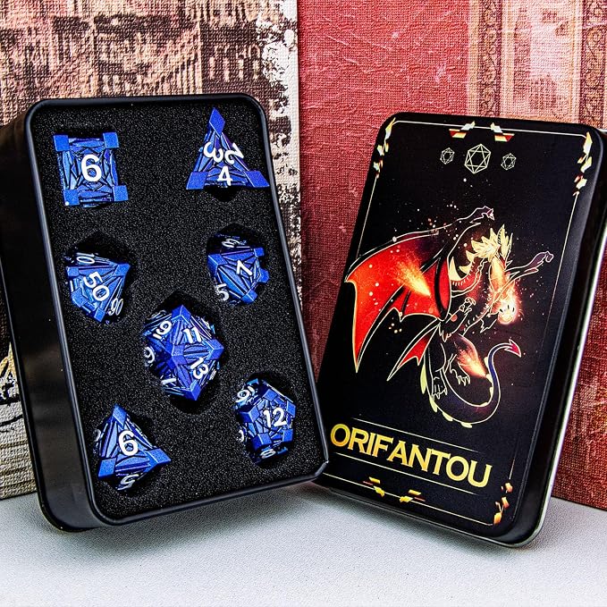 7PCS Metal DND Dice Set with Box, Debris RPG Blue White D and D Dice - Image 6