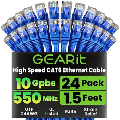 GEARit Cat 6 Ethernet Patch Cable 1.5 ft Blue, High Speed 24AWG 10Gbps RJ45 by GEARit